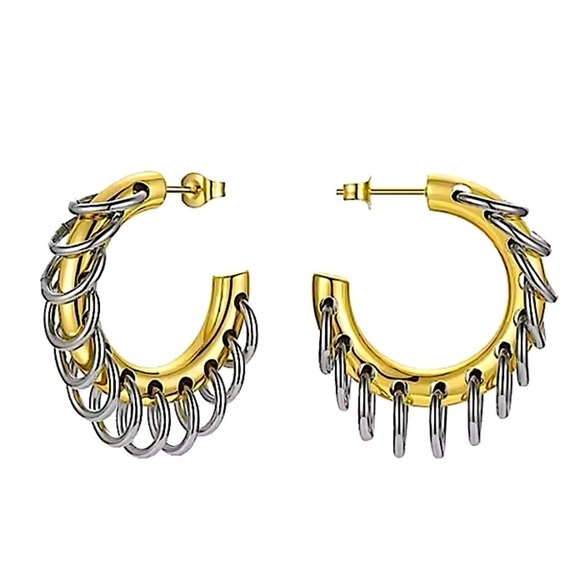 Gold Chain Hoop Punk Earrings Two Tone Retro Y2K - Picture 5 of 6